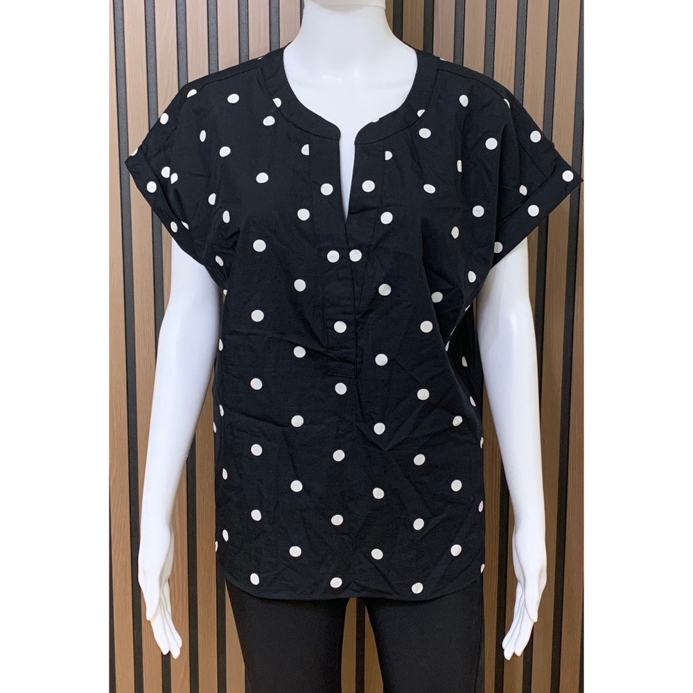 Talbots Black White Polka Dot Split Neck Cotton Blouse Short Sleeve Cuffed M